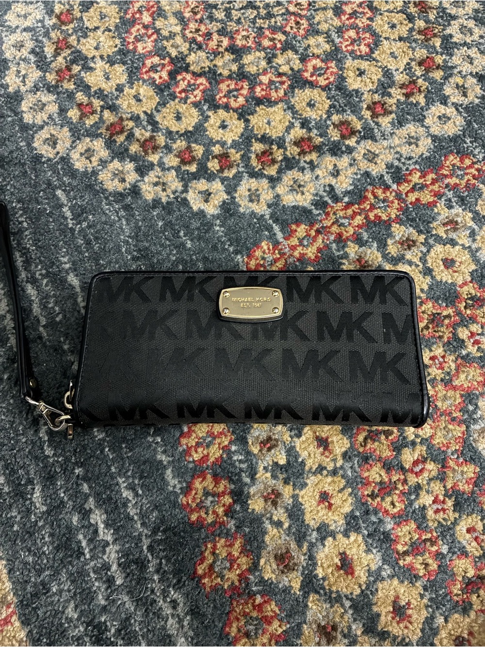 Michael Kors Black MK Logo Zip-Around Wristlet Wallet with Gold Plaque